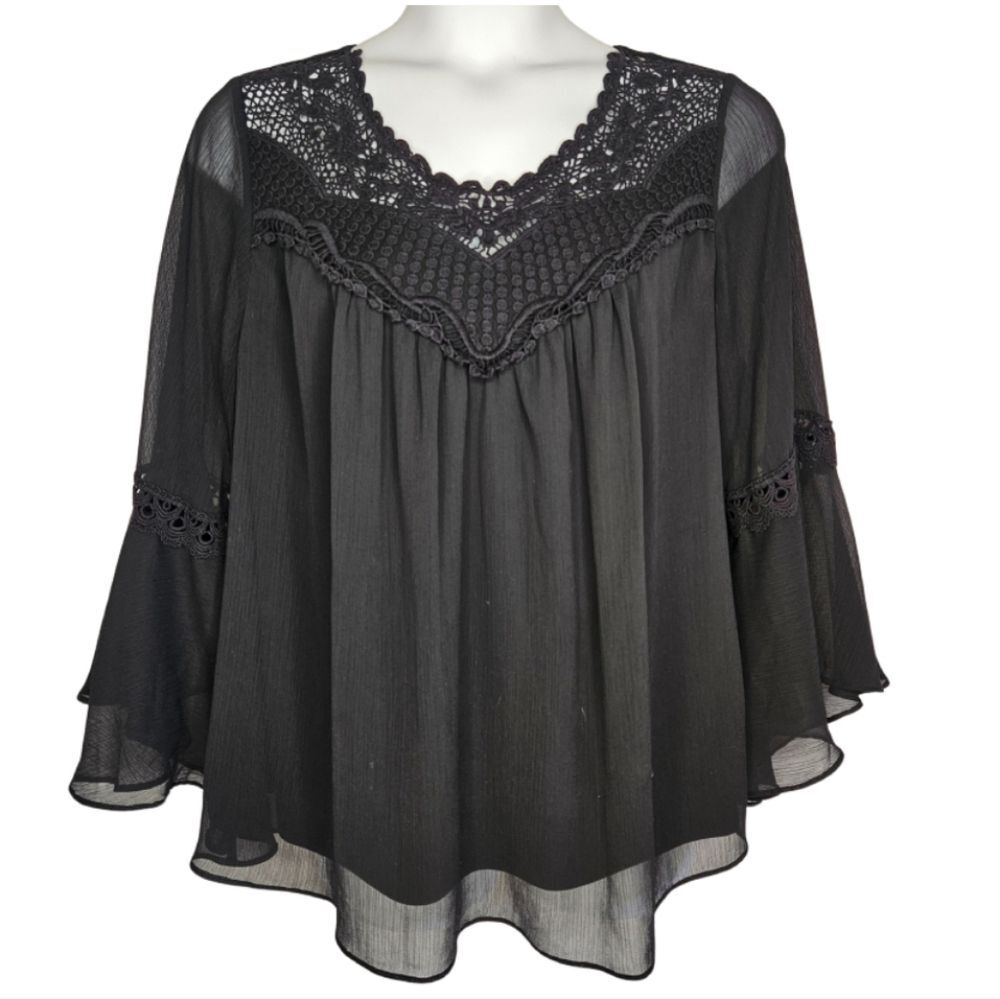 AGB 2X Black Lace Trim Top Bell Sleeves Y-2528